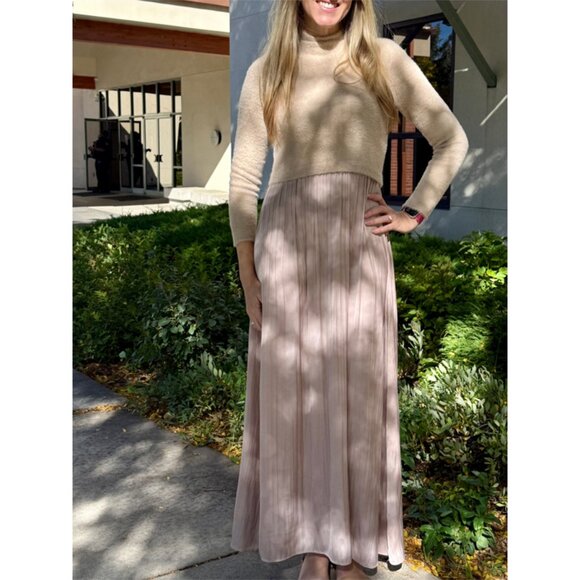 ANTHROPOLOGIE The Thea Long-Sleeve Eyelash Twofer Sweater Dress Neutral Pattern - Picture 2 of 13